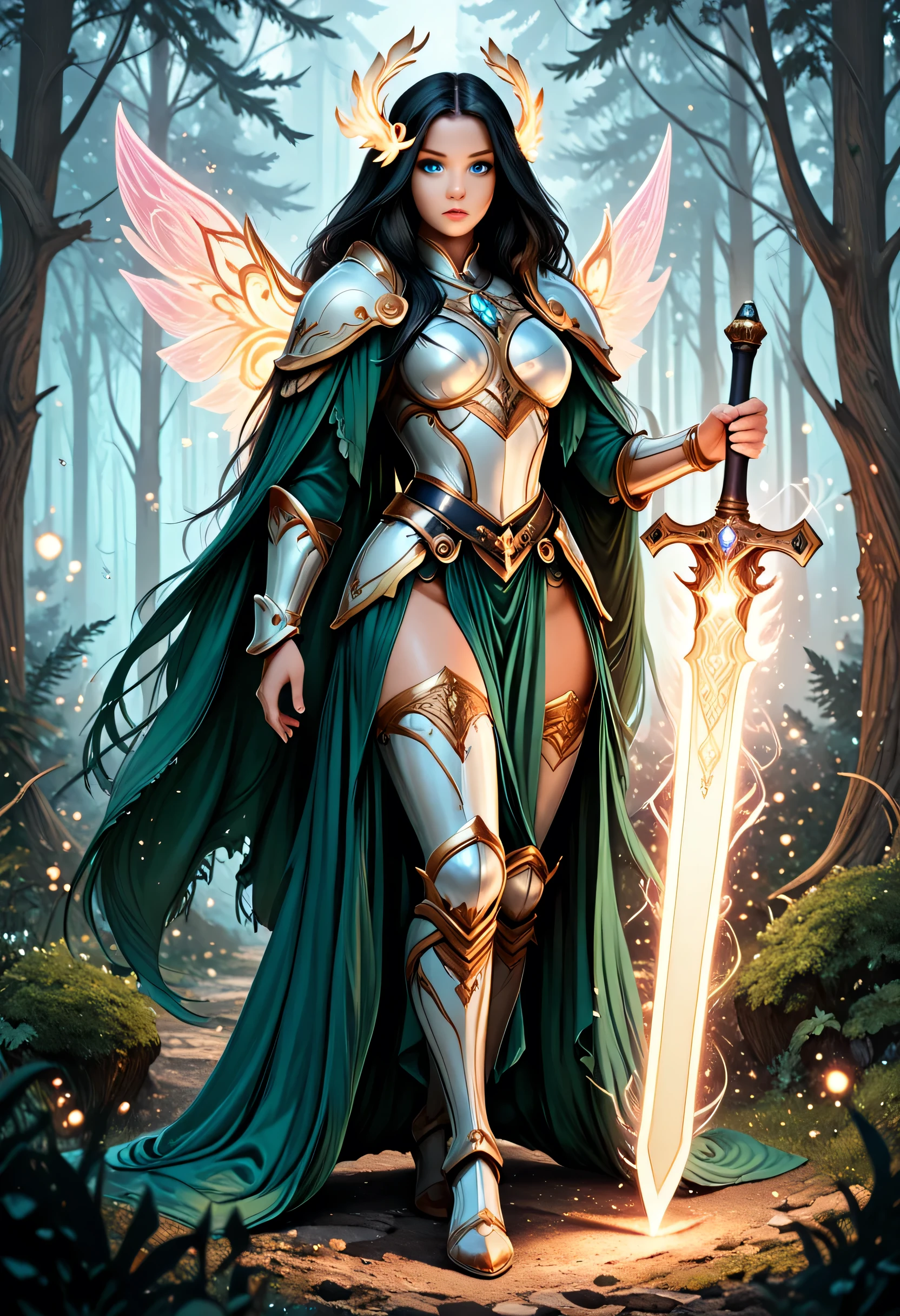 a picture of female human paladin of nature protecting the forest, wearying heavy armor, divine armor, white armor,  flowing cloak, long cloak, green cloak, armed with a sword, glowing sword, radiant sword, wearing a glowing holy symbol, a woman, divine knight, full body, perfect body, ultra detailed face, ultra feminine, pale skin, black hair, long hair, blue eyes, body, intense eyes, fantasy forest background, D&D art, RPG art, magical atmosphere magic-fantasy-forest, ultra best realistic, best details, best quality, 16k, [ultra detailed], masterpiece, best quality, (extremely detailed), ultra wide shot, photorealism, depth of field, hyper realistic painting, fantasy art, realistic art,((best quality)), ((masterpiece)), (detailed), perfect face, Cinematic Shot, dvr-hgh-fnt, Flaming Sword, fantasy