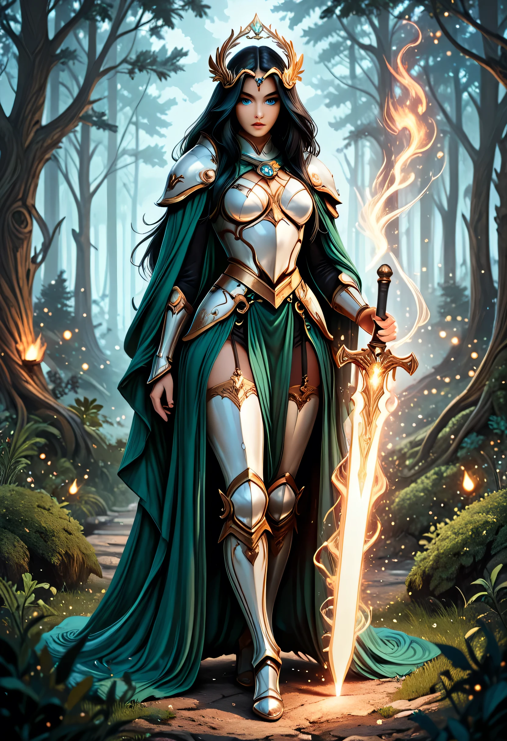 a picture of female human paladin of nature protecting the forest, wearying heavy armor, divine armor, white armor,  flowing cloak, long cloak, green cloak, armed with a sword, glowing sword, radiant sword, wearing a glowing holy symbol, a woman, divine knight, full body, perfect body, ultra detailed face, ultra feminine, pale skin, black hair, long hair, blue eyes, body, intense eyes, fantasy forest background, D&D art, RPG art, magical atmosphere magic-fantasy-forest, ultra best realistic, best details, best quality, 16k, [ultra detailed], masterpiece, best quality, (extremely detailed), ultra wide shot, photorealism, depth of field, hyper realistic painting, fantasy art, realistic art,((best quality)), ((masterpiece)), (detailed), perfect face, Cinematic Shot, dvr-hgh-fnt, Flaming Sword, fantasy