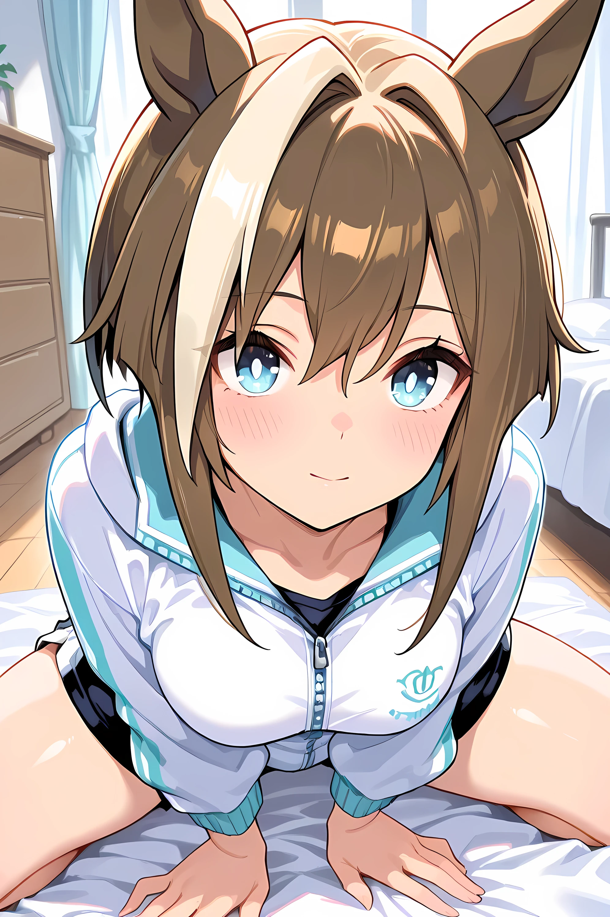 cheval grand \(umamusume\),(((masterpiece))),(((detailed)))((best quality)),((hyper detailed)),(beautiful),((shinythighs)),(((shiny skin))),(high quality skin),((8k)),((high resolution)),light smile and l blush,closed mouth,white color jacket, black color short shorts,kneeling,room,spread legs