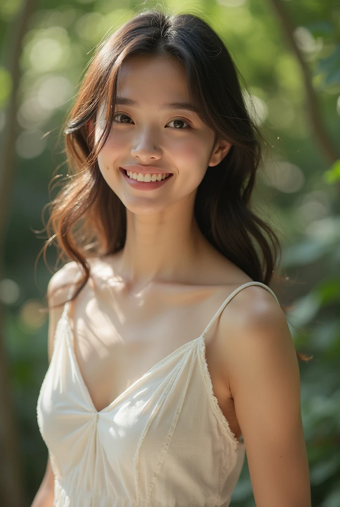 (cowboy shot),Ultra-high resolution,big eyes,(brown eyes),Japanese,(forehead),(a girl),(1 girl),((17 years old)),(cute),pretty,((facing at viewer)),arms behind back,grin,outdoor