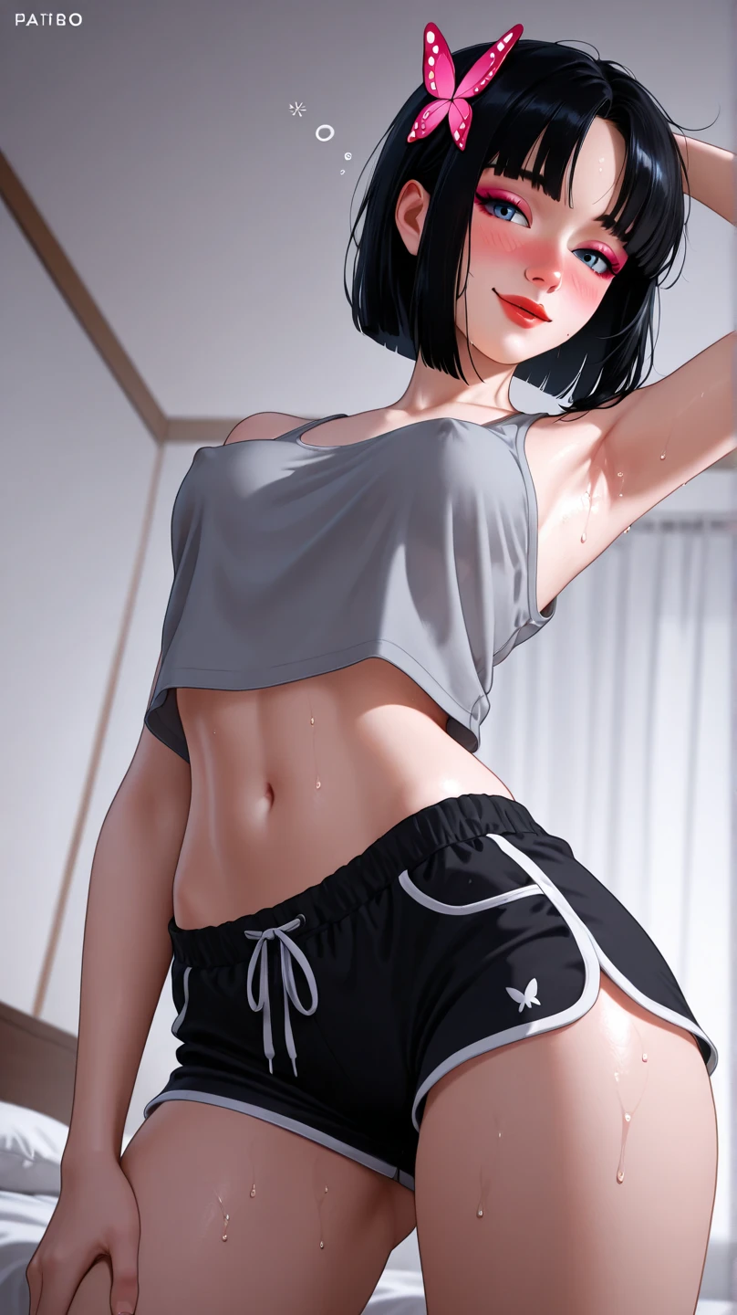 (8K、Best quality、tmasterpiece:1.2)、(Endless realism、Photorealsitic:1.37)、hyper-detailing,(8K, Best quality at best, tmasterpiece:1.2),\(Eyes detailed\),\(facial feature\),(\(Clothes detail details\)\),1 girl,Alone,(pale-skinned:1.3),Slim,The faintly visible collarbone,vaguely visible ribs,Small under breasts,Wear a cropped vest,navel,fabric hot pants,groin,A beautyful girl