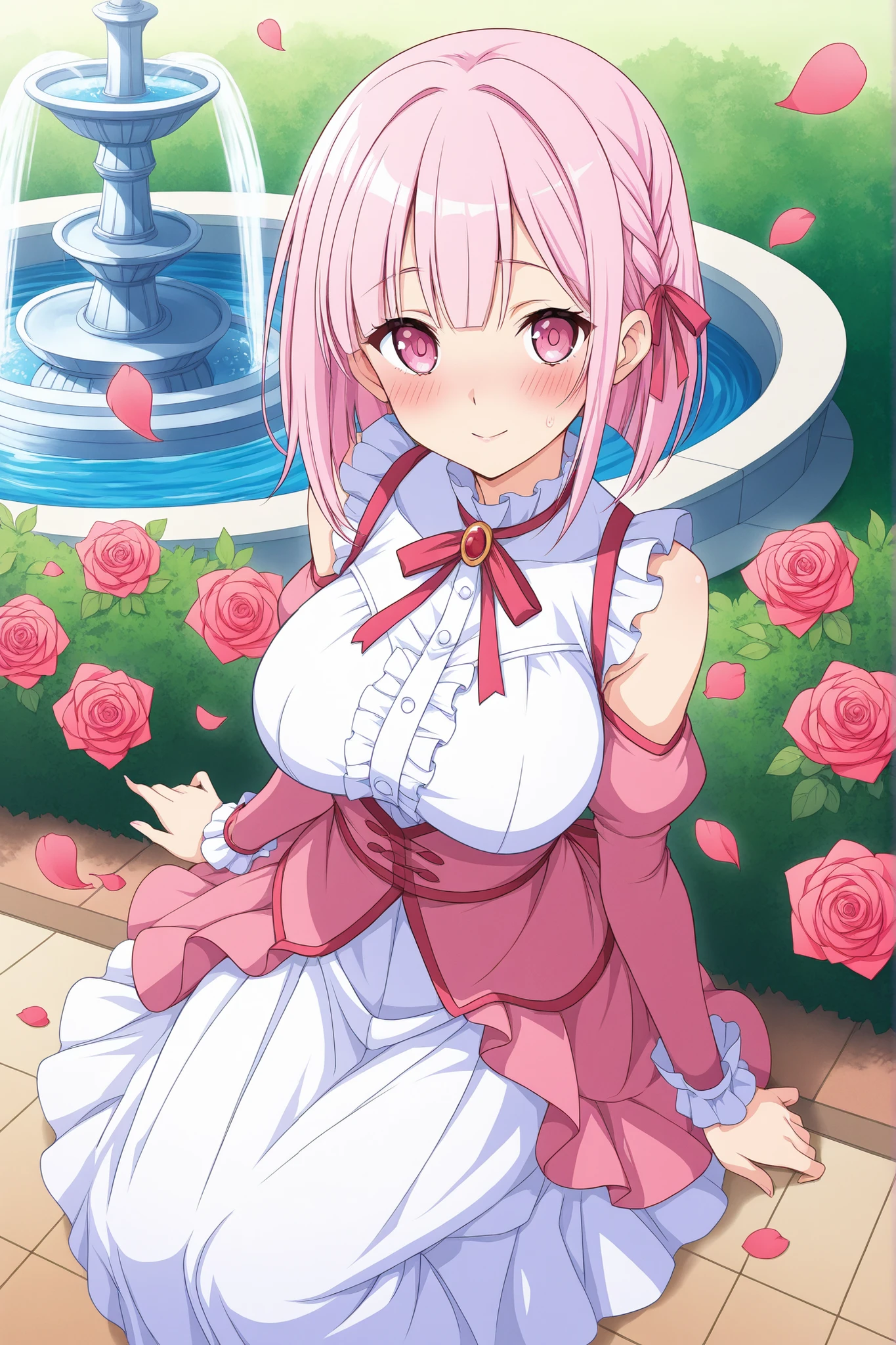 masterpiece、Highest quality、Tall、super detailed illustration、anime style、Rose Garden、 petals falling、blush、Big breasts、Tulle Skirt、Long Pink Hair、fountain、moonlight