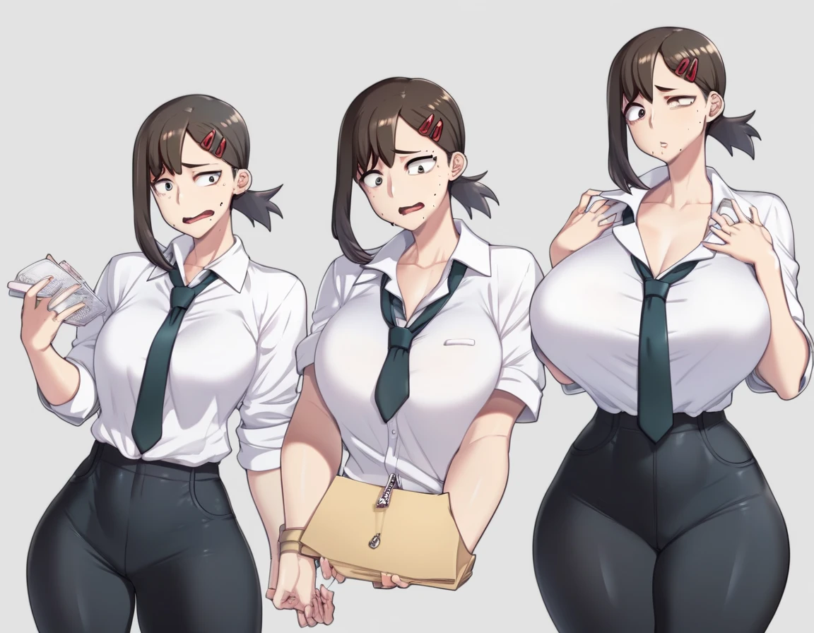 score_9, score_8_up, score_7_up, score_6_up, score_5_up,1girl,higashiyama kobeni,(breast expansion:1.2),multiple views, huge breasts,formal, necktie,black pants, (SSP:1.1), white shirt,