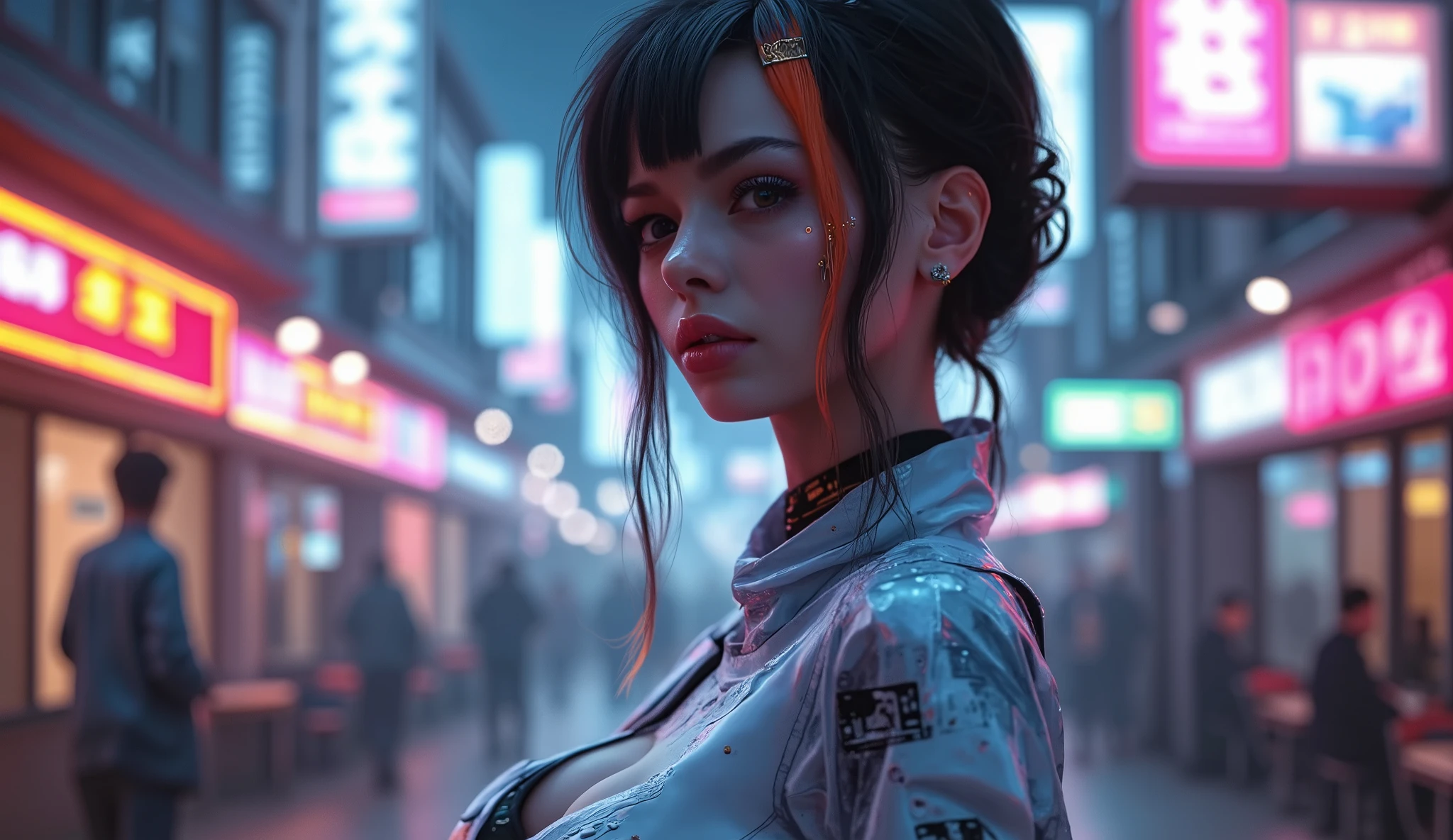 dark mood, Elegant girl brazilian brunette in urban outfit in coffee shop, looking straight at camera, working on laptop, cute fine face, rounded eyes, digital painting, fan art, pixiv, by ilya kuvshinov, katsuhiro otomo ghost-in-the-shell, magali villeneuve, artgerm, jeremy lipkin and michael garmash and rob rey slum background from rocinha