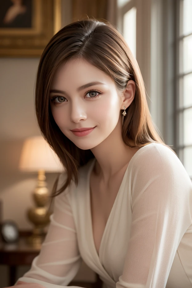 ((masterpiece)), ((Highest quality)), ((Complex)), ((Surreal)), (Realistic), (Mature Woman), ((No classes)), Very detailed, (1 female), Beautiful and exquisite, (Beautiful Teeth), Grin, Brunette Bob Hair, Brown eyes, ((blouse)), (Upper Body), (background:none), Perfect Eyes, Captivating eyes, Looking at the audience