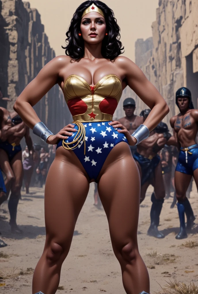 Mejor calidad, obra maestra, super high resolution,wonder woman blonde with very white skin with big breasts and very thick legs marching in a micro bikini and heels with her fist raised and carrying posters of "black live matter" en una protesta en medio de la calle, cuerpo completo, makeup, (realism:1.5)