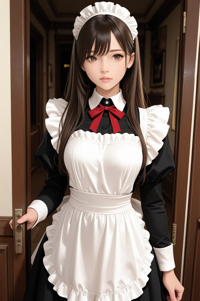 (masterpiece,Highest quality,Ultra-high resolution),Japanese women, (((Very beautiful 25 year old girl))),(White latex maid outfit)、Mermaid type white latex long skirt、(White latex long sleeve shirt)、white latex long gloves、White latex socks、The clothes fit snugly to the body、Latex is very shiny、Dark Room