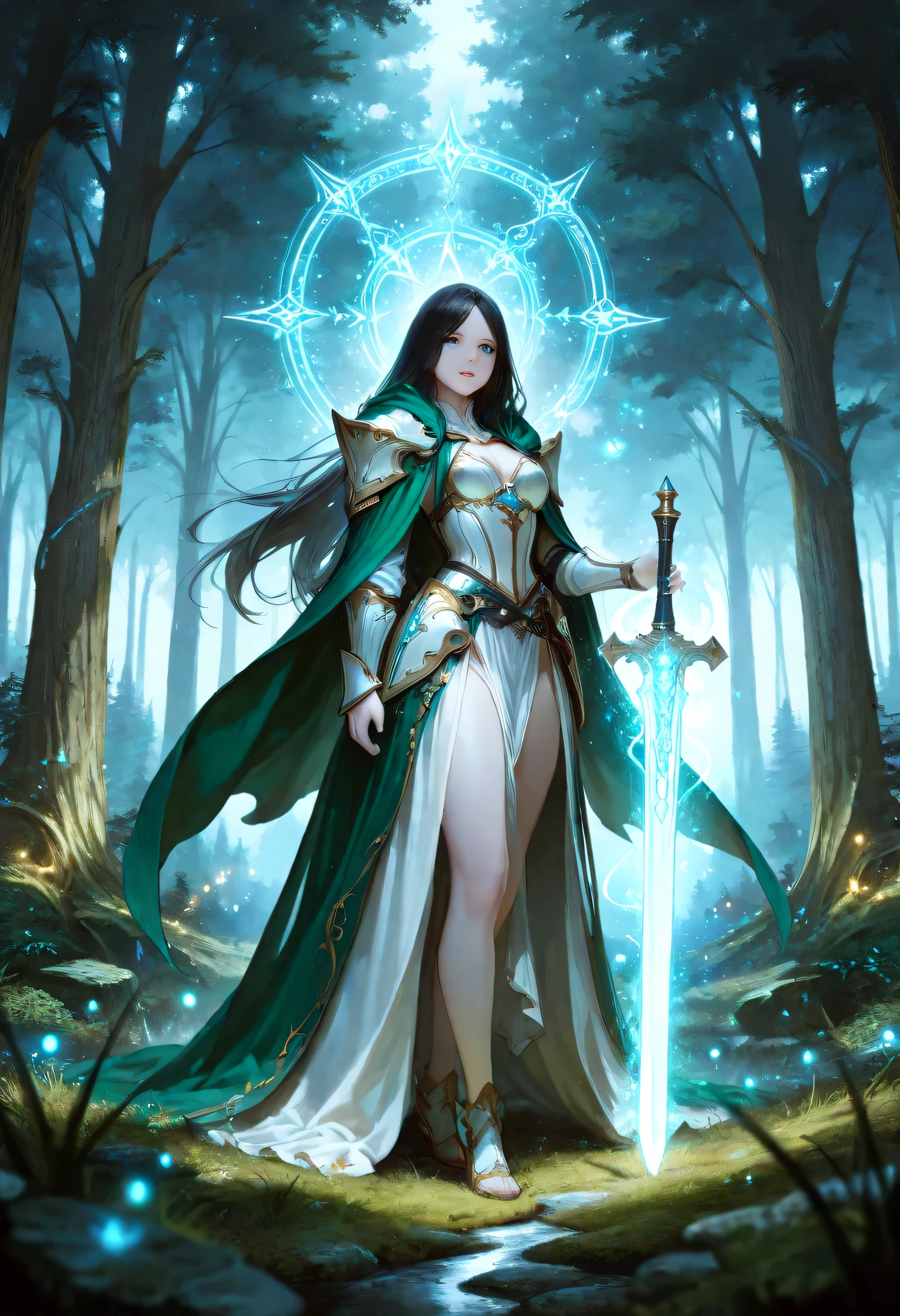 a picture of female human paladin of nature protecting the forest, wearying heavy armor, divine armor, white armor, small cleavage,  flowing cloak, long cloak, green cloak, armed with a sword, glowing sword, wearing a glowing holy symbol, a woman, divine knight, full body, perfect body, ultra detailed face, ultra feminine, pale skin, black hair, long hair, blue eyes, body, intense eyes, fantasy forest background, D&D art, RPG art, magical atmosphere magic-fantasy-forest, ultra best realistic, best details, best quality, 16k, [ultra detailed], masterpiece, best quality, (extremely detailed), ultra wide shot, photorealism, depth of field, hyper realistic painting, fantasy art, realistic art,((best quality)), ((masterpiece)), (detailed), perfect face, Cinematic Shot, dvr-hgh-fnt