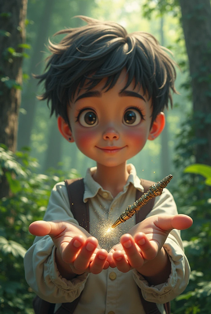 [The image shows Milo, the adventurous boy, standing at the edge of the village fairgrounds, with his wide eyes fixed on the shimmering, magical-looking compass. The compass is suspended in the air, surrounded by a halo of soft, glowing light. Its needle points in all directions simultaneously, creating a mesmerizing whirlwind effect. Milo's hand reaches out to touch the compass, the sense of wonder and curiosity evident on his face. Behind him, the summer fair is in full swing, with colorful stalls, joyful laughter, and the tantalizing aroma of delicious treats. The fair is set amidst the backdrop of rolling hills, lush woodlands, and a picturesque sky painted in hues of lavender and turquoise. The image captures the moment just before Milo grabs the compass, and it radiates a sense of magic and adventure, hinting at the extraordinary journey that awaits him in the unknown realm.]
