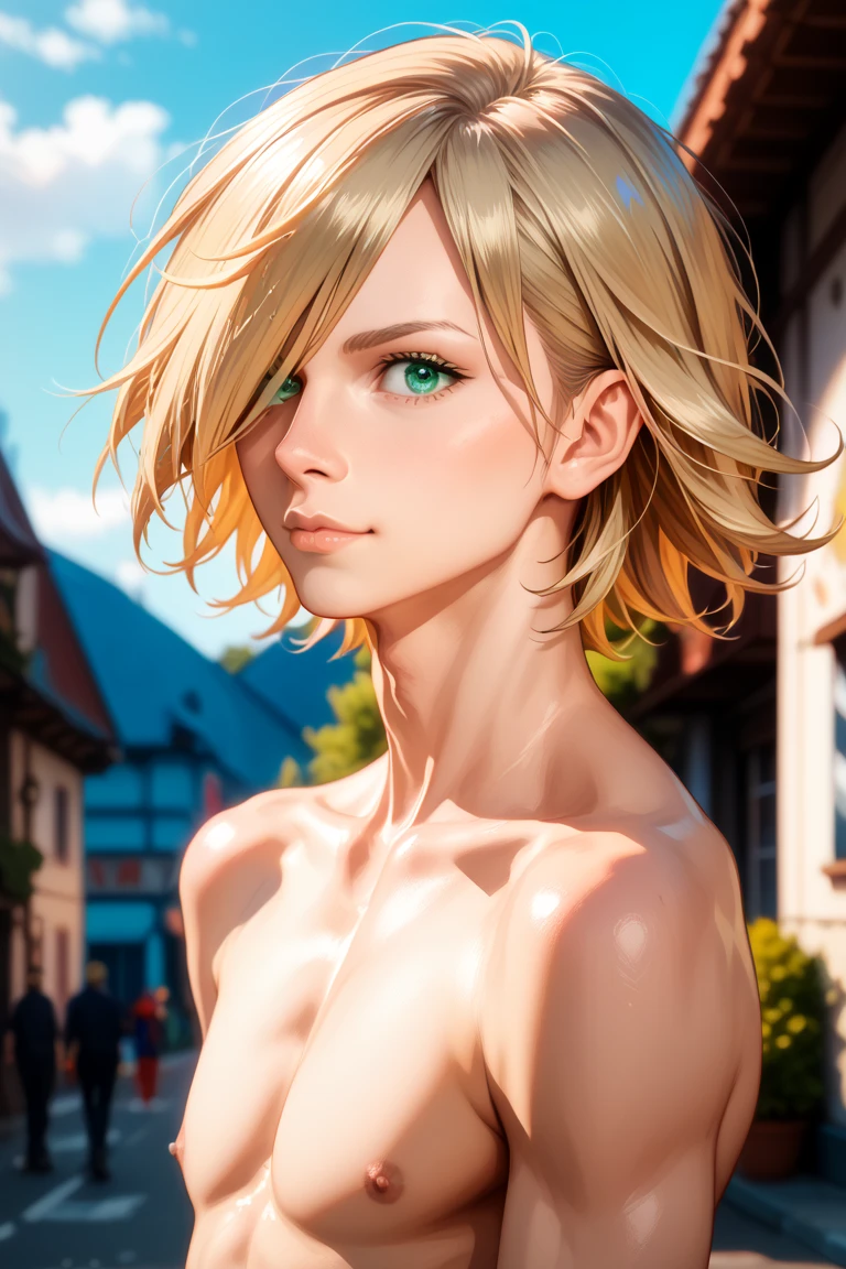 Score_9, score_8_up, score_7_up, 1girl, retroscifi, scifi, contrast conflict, beatiful, nude, naked, blonblonde hahair, looking at viewer, st standing, red eyes, hellsing, seras victoria, vampire, outdoors, town, scifi town