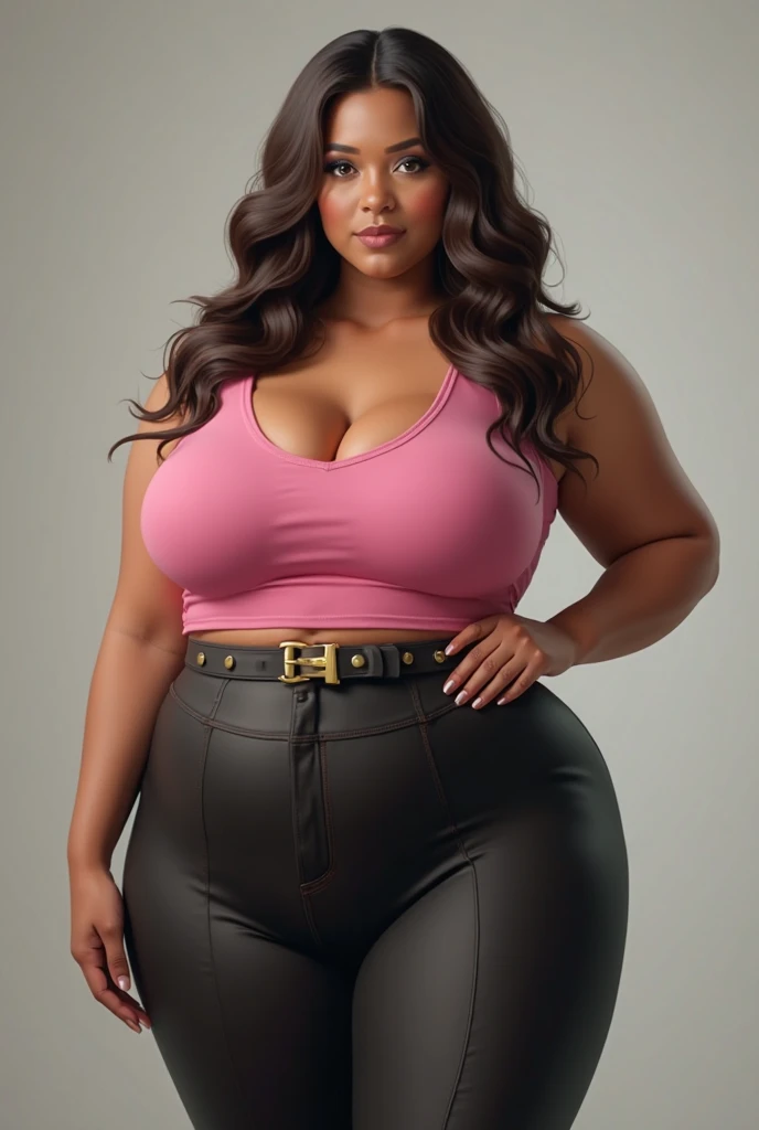extremely fat and large black woman, huge bust, 300 pounds, black pants, massive stomach, lovehandles, smiling, bbw, plus size woman, belt, obese, hand on shoulder, wearing a baseball cap, pink shirt, black jacket, voluptuous body, leaning backwards