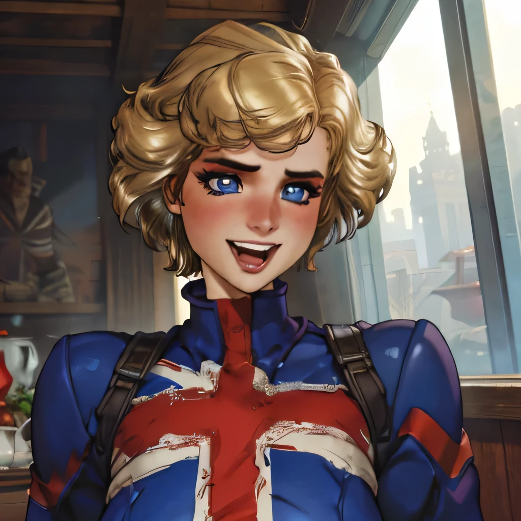 (masterpiece:1.3), (8K, Realistic, RAW Photos, Highest quality: 1.4), (One Girl), Beautiful Face, (Realistic Face), Beautiful Hairstyles, Realistic eyes, Beautiful details, (Realistic Skin), Beautiful Skin, Absurd, charm, Ultra-high resolution, Ultra-realistic, Very detailed, Golden Ratio, (Best Shadow), Cinematic, (Complex:1.4), High Contrast, Side lighting, ((Accurate hands and fingers)), Caucasian female, ((Princess Diana)), (laughing:1.1), (Captain Britain), (Blonde Hair, short hair:1.3), NSFW (she have UnionJack costume), BREAK (()), (悦び:1.2), フラッシング, (汗), NSFW (fellatio), ((kiss to penis:1.0)), (フェラチオ顔), deepthroat, (()), (), BREAK ((複数男性, 3penis:1.3)), real penis, 群がる男たち, ((胸像:1.1))