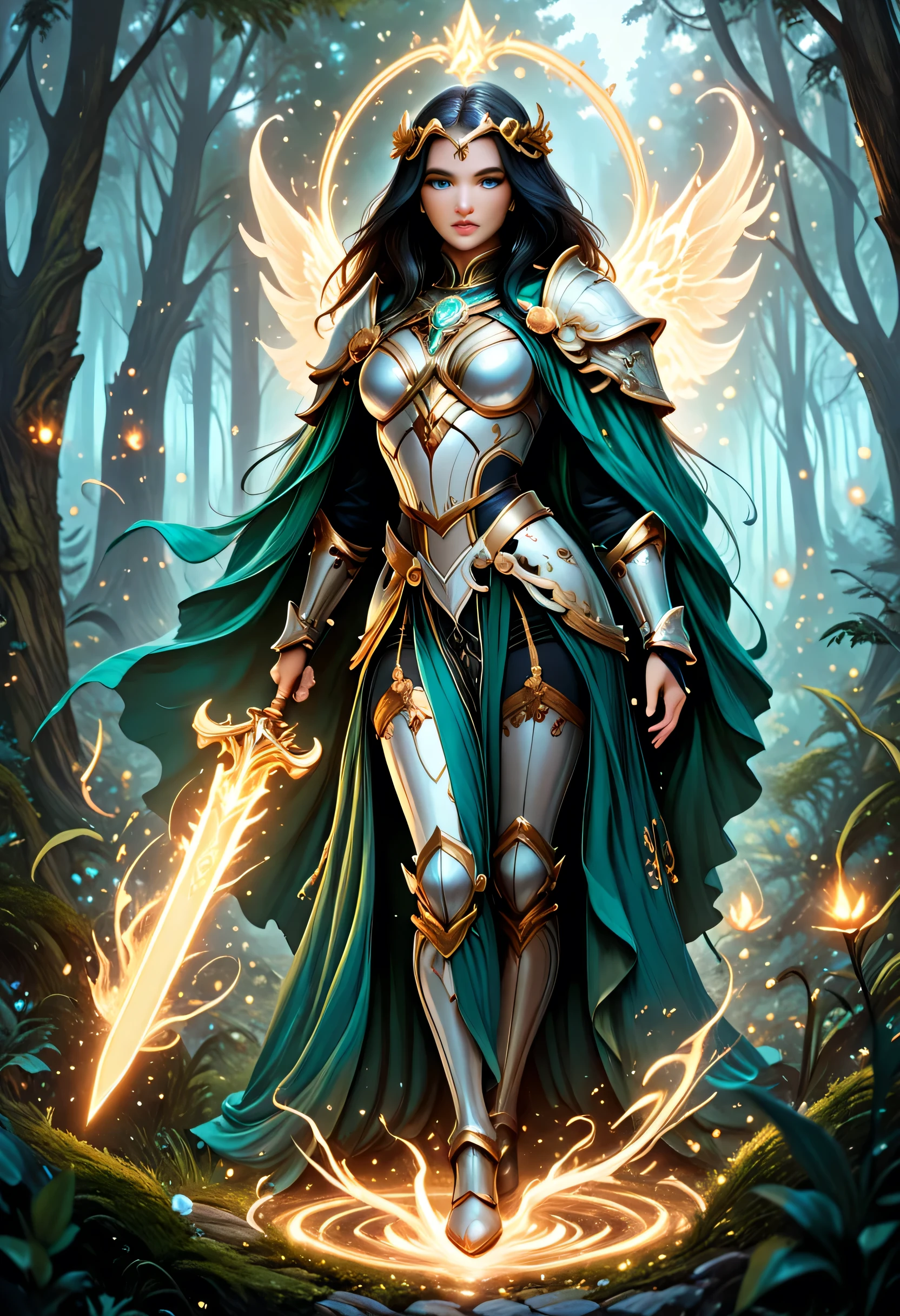 a picture of female human paladin of nature protecting the forest, wearying heavy armor, divine armor, white armor,  flowing cloak, long cloak, green cloak, armed with a sword, glowing sword, radiant sword, wearing a glowing holy symbol, a woman, divine knight, full body, perfect body, ultra detailed face, ultra feminine, pale skin, black hair, long hair, blue eyes, body, intense eyes, fantasy forest background, D&D art, RPG art, magical atmosphere magic-fantasy-forest, ultra best realistic, best details, best quality, 16k, [ultra detailed], masterpiece, best quality, (extremely detailed), ultra wide shot, photorealism, depth of field, hyper realistic painting, fantasy art, realistic art,((best quality)), ((masterpiece)), (detailed), perfect face, Cinematic Shot, dvr-hgh-fnt, Flaming Sword, fantasy