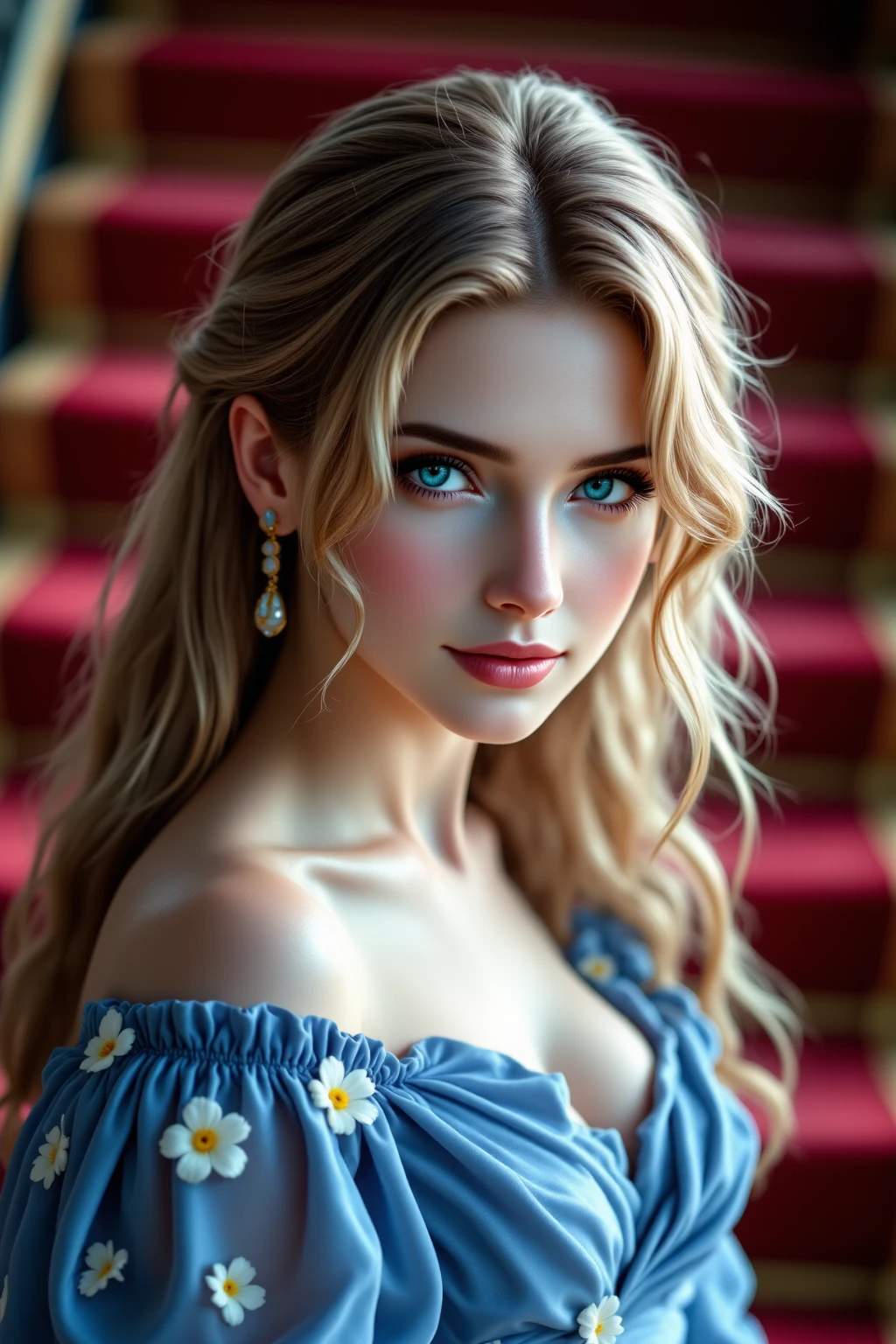 (masterpiece, best quality:1.5), highest quality, High resolution, super detailed, Realists, Full body photo of a blonde 22 year old woman, detailed and beautiful eyes, beautiful detailed lips, very detailed eyes and face, longeyelashes, 22 year old woman in a chiffon top, Beautiful and colorful makeup, elegant and noble々Pose,shiny satin headband,, Office as background, bright daylight, bright colors, fine brushstrokes, Portrait style, beautiful color palette, glowing skin, First-class rendering, that captures every detail, enchanting atmosphere, (perfect anatomy:1.2), (The stunning woman wears a blue long-sleeved silk blouse and white long pants (magnificent panorama view:1.2)