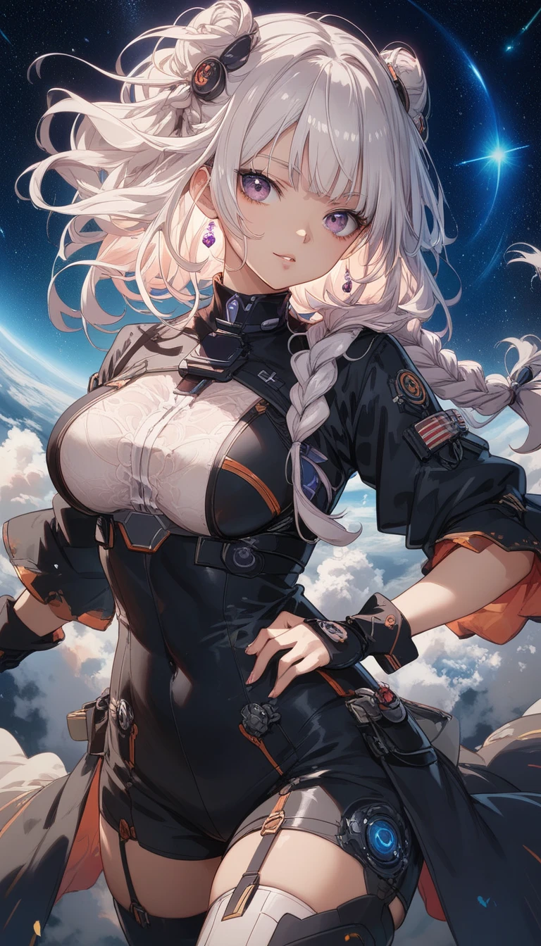Ridiculous resolution, A high resolution, (Masterpiece:1.4), ultra - detailed, 1girll, looking from above, the space, afloat,cleavage,(Spacesuit 1.2),particle fx