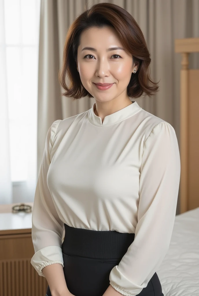 ((Highest quality)), ((8k)), ((masterpiece: 1.3)), (Perfect appearance), (Photorealism: 1.6), (RAW Photos:1.2), (Photorealistic), (Genuine:1.4), (JMA), (KE), (Portrait of a Japanese mature woman), (Pitch Darkness: 1.2), (A woman illuminated by a dim light), (Woman standing diagonally facing forward: 1.4), (60-year-old woman), (Perfect looks), ((Realistic skin texture)), (Fine wrinkles all over the skin), (Dullness), (Facial wrinkles), (Wrinkles around the eyes), double eyelid, Tear bags under the eyelids, (Grimacing and laughing), Short bangs, short hair, BREAK(Red lips),BREAK (blouse: 1.2),