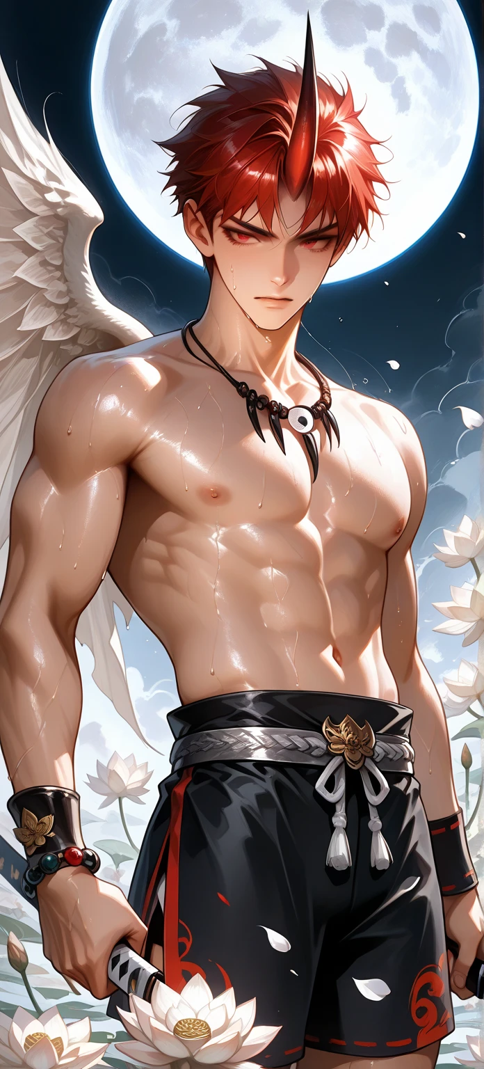 (absurderes, A high resolution, Ultra detailed, hdr), Masterpiece, Best quality, Portrait of a boy, Handsome boy with red eyes, Detailed face, Professional photo, The Arafards went into battle shirtless, Fight comfortably，legs are open, Focus on your audience,18 year old boy, Handsome boy, [ well-defined body ]，angelicales，Six-winged angel，feater，holy rays，Abs，chest muscle , naked, exposed penis, perfect penis