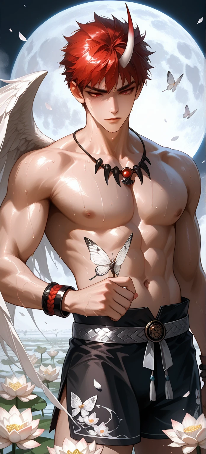 Muscle guy with a red hair, roguish smirk, keqing from punishing Gray raven, handsome guy