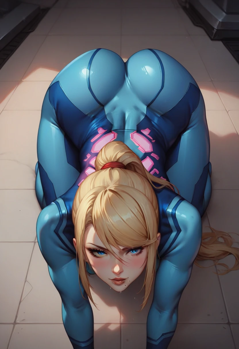 Zero suit samus, blue eyes, stunning proportions, skin-fit body suit, white background, long hair, ponytail, extremely detailed, shiny, full body shot, cleavage, kneeling, pink lipstick, sleeveless, in love with the viewer, ((tongue out, open mouth)), pov, saliva, drool, thighhighs, fron above, looking up