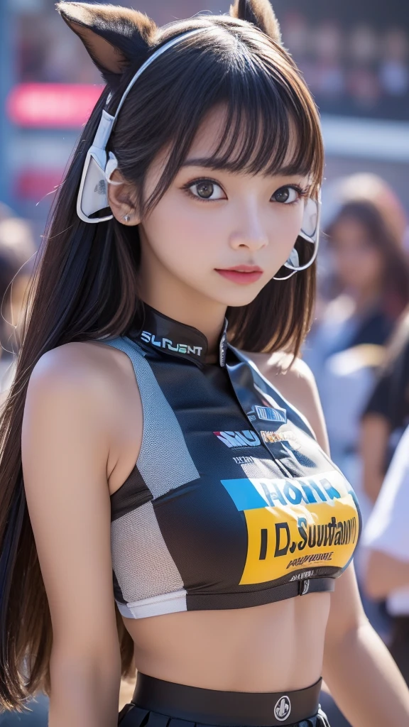 (((RAW image quality:1.4))), highest quality, ultra high resolution, (realistic: 1.4), (pink long hair: 1.3), (azur lane\), 1 girl, Japanese, 15 years old, (slender body:1.4), view audience, detailed face, contrasting, smooth skin, perfect , Suzuka Circuit, blue sky, futuristic fashion, streetwear, tech fabric, racing suit, Refractory materials, elbow and knee pads, racing gloves, personalized embroidery, Race car in background, strong sunlight, midsummer daytime, clear blue sky,