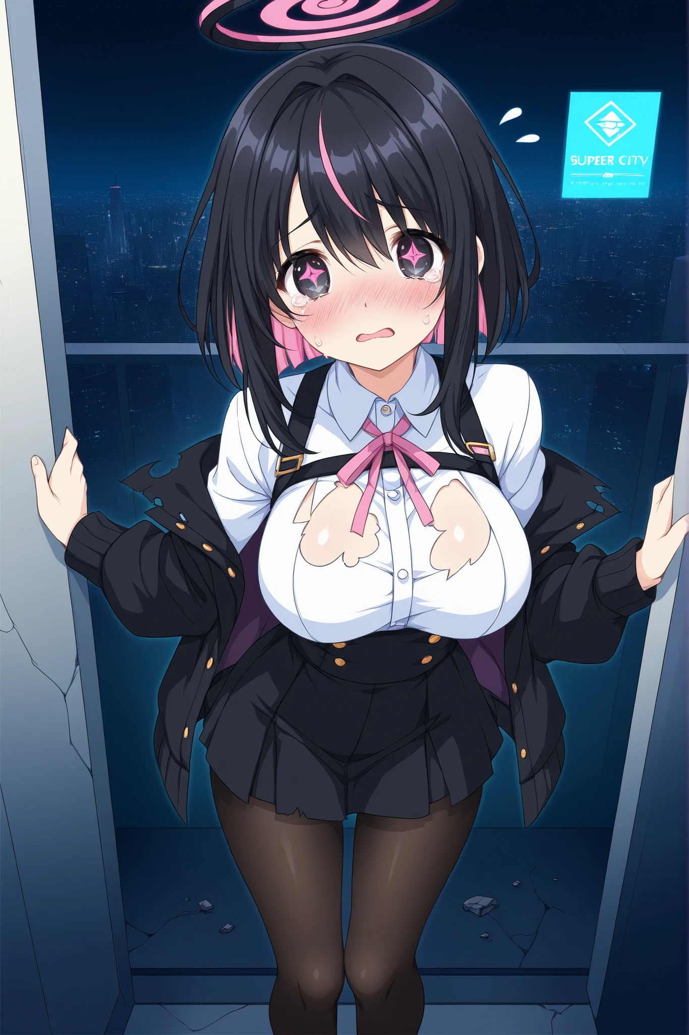 masterpiece、Highest quality、Tall、super detailed illustration、anime style、 future city 、neon flashing、 sexy pose、Big breasts、Tights、broken clothes,Teardrops in the corner of the eye,blush,Long neon hair、Holographic projection、Night
