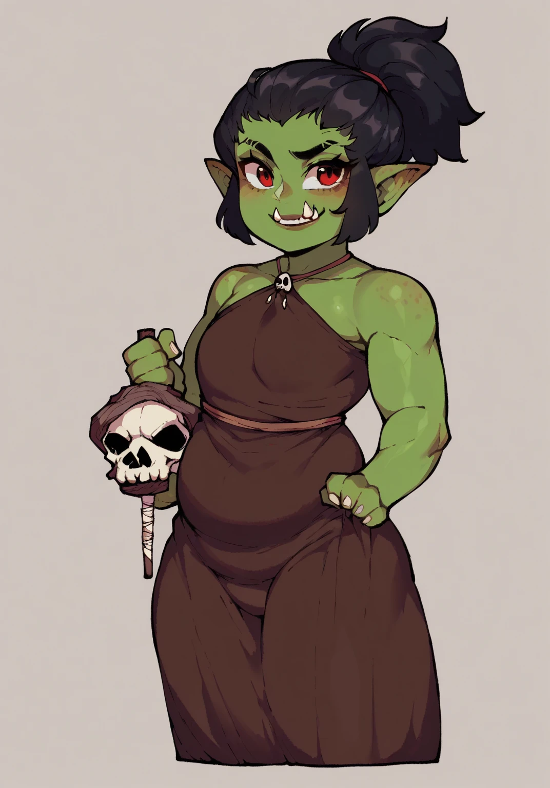 By bebebebebe, by spuydjeks, by buta99, by spikedmauler. portrait of a sexy female orc with green skin, has tusks, has black wavy hair, beautiful orc, large tusks, masterpiece, wearing german tavern waitres outfit