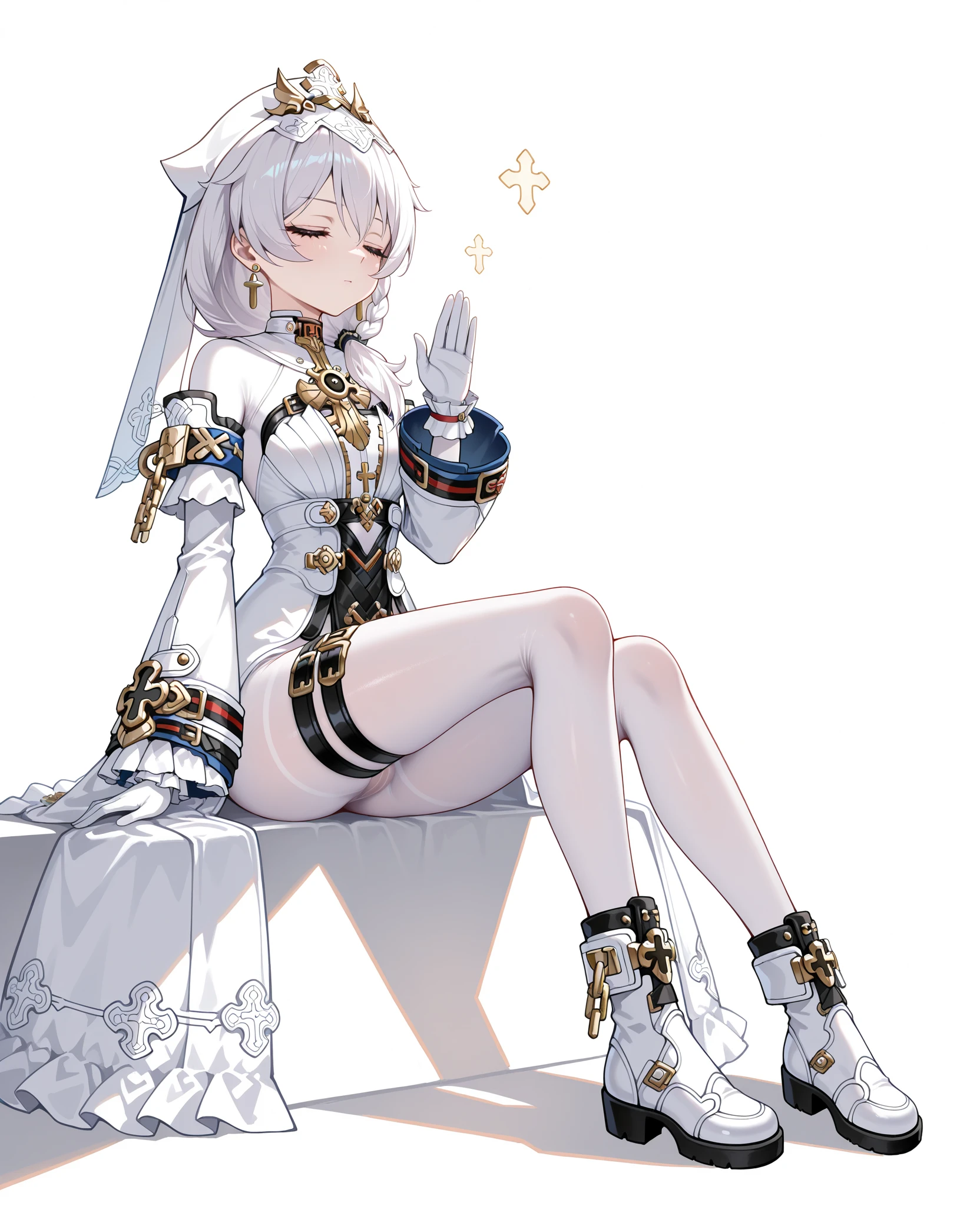 projected inset, (highest quality), (depth of field), (full body), glamorous, rich detail, 1girl, girly, cute, ((silver hair)), quadratic, long ponytail, amber eyes, red hair accessories, sleeveless, off-the-shoulder, (navel), seated, panties, white stockings, light clothing