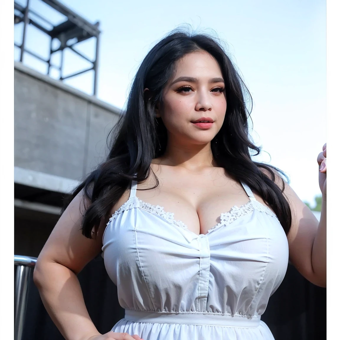 (extreme wide shot:1.5),(thai Women),(Near-future towns:1.5),(Moon and sun objects),(Detailed Background:2),(huge breast:1.4),(tanktop:1.5),((Necklace)),Earrings,grin,darkskinned,top-quality,(((masutepiece))),8K,((Photorealsitic))),