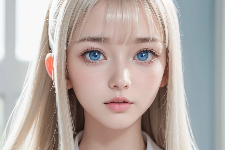 Dressed、(Photorealistic:1.4)、(ハイパーRealistic:1.4)、(Realistic:1.3)、(Smooth lighting:1.05)、(Improved cinematic lighting quality:0.9)、32k、1 Girl、Very cute expression、A beautiful 16 year old blonde girl、bangs that fall on the face、Bangs left over the eyeessy bangs between the eyes、Realistic top lighting、Backlight、Face Light、Super long silky platinum hair、Blonde rays、(Bright light:1.2)、(quality improvement:1.4)、(Highest quality realistic textured skin:1.4)、Very beautiful, detailed, shiny, very bright, mint blue, large eyes、Very big eyes、Detailed face、A careful eye for quality、(Tired, sleepy and satisfied: 0.0)、Face close up、T-Shirts、(Enhances the body line:1.1)、(Enhances the beauty of skin texture:1.1)、Cheek gloss highlighter、Small Face Beauty、Round face