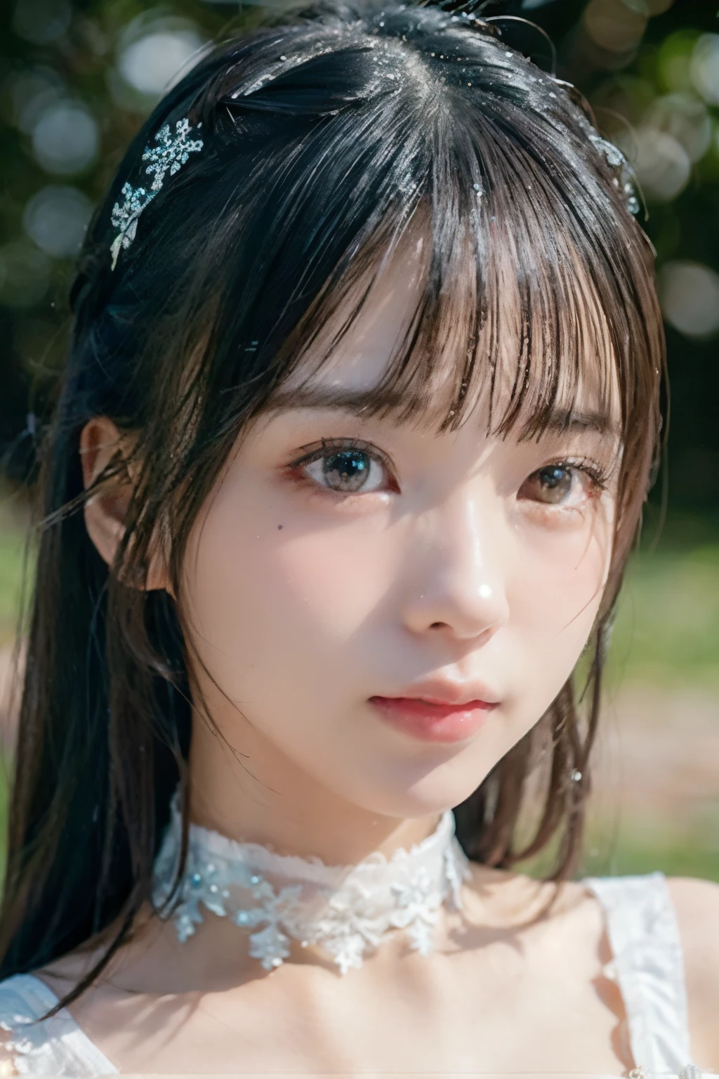 full body up , portrait, portrait,sorrow、tears、cries、美しいtears、moist eyes , 8k,masterpiece, top quality, 、Long face、big eyes、 troubled face、 slim、in trouble、、facing the front、flat body 、cute、、, 1 girl、looking at the camera、face to face、pure white hair、Glowing Skin、((( GLITTER SKIN )))、、((super realistic details))、portrait、Global Illumination、shadow、octane rendering、、、metal、 cold color、、very intricate details、Realistic Light、CGSoation Trend Beautiful Eyes 、eyes shining at the camera、drop shadow、、Sparkling Turquoise Eyes 、((Snowflakes))、、white background、Chain Choker