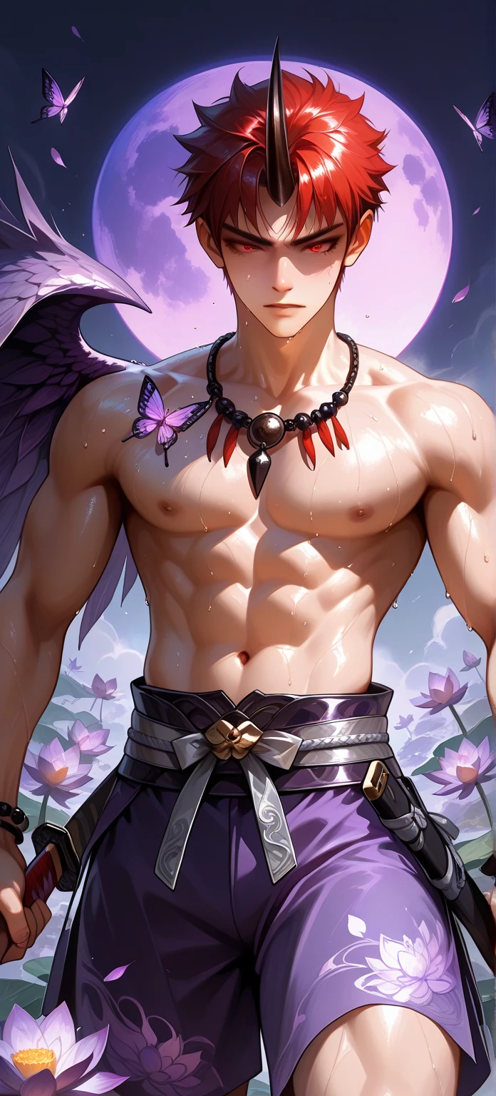 1boy, young male, , fairy, innocent face, cute face, youthful face, tanned skin, tribal, tribal tattoo, black eyes, fairy wings, black fairy wings, long hair, undercut, hair half shaved, purple hair, thin body, muscular, short, sexy, skimpy, jockstrap, shadow magic, light magic, shadow energy, light energy, necromancer, monk, monk outfit