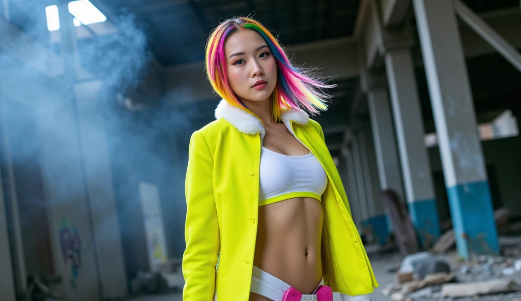 Full body, woman with white skin and Asian features, 24-year-old blue hair (green-eyed woman), green eyes, cobalt hair, blue hair , teal hair , shoulder-length hair, big breast. She has a small, elegant nose with a slight upward curve at the tip. Her lips are full and naturally pink, with a well-defined Cupid's bow. Her teeth are straight and white, enhancing her captivating smile. Her face has an oval shape with high cheekbones that add to her model-like appearance. (crack), detailed (texture!, hair!, shine, color!!, flaws: 1.1), highly detailed glowing eyes, (looking at camera), specular light, dslr, extreme quality, Fujifilm XT3, crystal clear, cute face, detailed skin pores, oil Dark skin, brown, complex eye details, she is far from the camera, A full-body portrait, captured from a distance. Dynamic Frame, (depth of field:1.2), colorful, vivid colors, perfect female form, narrow waists, red ornate delicate lingerie, stockings, (red plastic jacket:1.2), (hands in pokets), looking at viewer, cleavage, (graffiti wall:1.4), (headphone), (standing, cowboy shot),