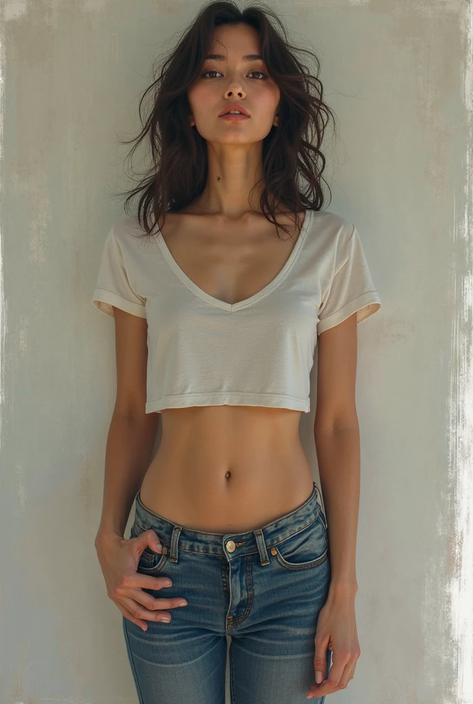 Girl with white t shirt and tight wet jeans the white t-shirt is transparent and she is naked