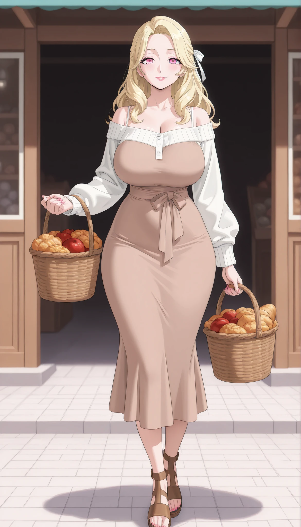 A mature beautiful woman with blond hair, extremely fair white natural skin, big pink eyes, red plump glossy lips, pink nails, a small waist, and a perfect sexy voluptuous curvy body. She's only wearing a short mini brown dress with spaghetti straps, a pink baggy front-open sweater worn in an off-shoulder style, one hair ribbon, and brown sandals. She's standing straight, holding one basket, kindly smiling, and is in a market. Show her full body and super hyper-detailed.