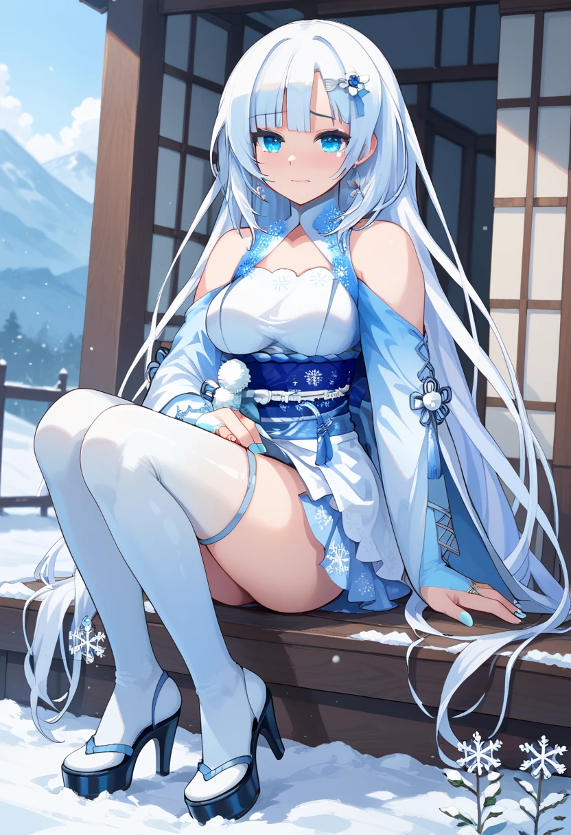 saints，seductiv，having fun，Being in love，(Western magic white dress)，silber hair，eBlue eyes，Suitable transparent clothing，Decoration of saints，Sky blue cloth，Snowflake pattern，Sky blue pattern，Snowy nights，Transparent lace，exquisite costumes，Sit Pose，solo person，Japanese courtyard，(natta:1.1)，nevando，(Long suspender boots:1.1)，Delicate and beautiful face，Sit Pose