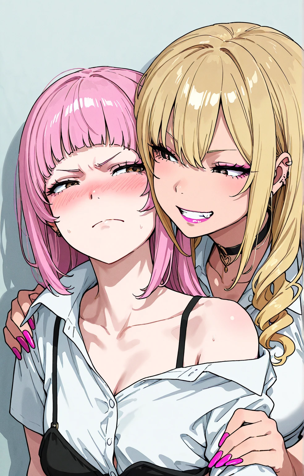 (Highest quality, High resolution), ((Two people)), ((makimacm44 gives fellatio to powercasual:1.4)), girl, (bukkake:1.4), futanari, fellatio, (Power, powercasual, cross-shaped pupils, blonde long hair, straight hair, red shirt, long sleeves, denim shorts), (makimacm44, ringed yellow eyes, red long hair, bangs, white shirt, sidelocks, black pants, braided ponytail, black necktie)