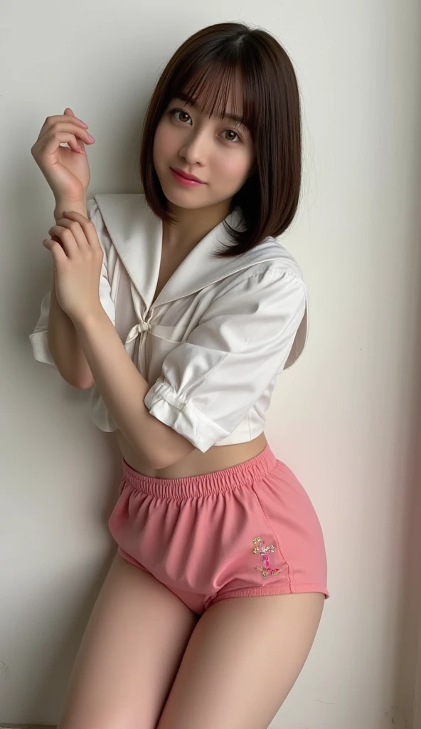 ((of the highest quality, 8K, masutepiece: 1.3, Raw photo)), Sharp Focus: 1.2, (1 AESPA Girl :1.1), Solo, (Realistic, Photorealistic: 1.37), (Face Focus: 1.1), Cute face, hyperdetailed face, short messy hair, Small Smile, small breasts, flat chest, (chiffon blouse, chiffon panties: 1.2), (Roll up the skirt), (See all panties), (Lift skirt hem), (Lifting skirt while standing to show off panties to us), office room, thigh, flower, lily