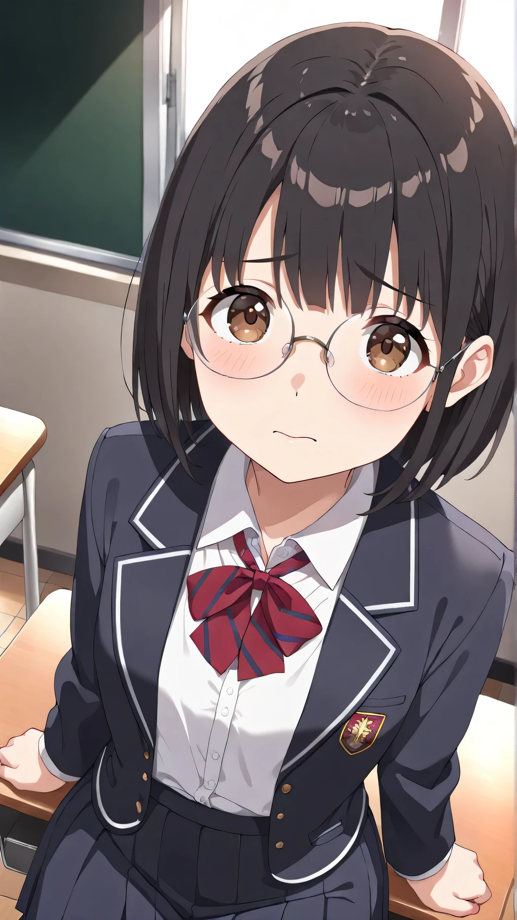 ((best quality)), ((finely detailed)), ((anatomically correct)), ((clear lines)), (top rated on pixiv), ((cinematic lighting)), 1girl, ((shy)), ((short black hair)), ((bangs)), (shining skin), ((short round face)), light blush, ((round glasses)), ((detailed brown eyes)), (tareme), ((twiddling)), ((closed mouth)), high school winter uniform, ((looking at viewer)), ((from above)), ((sizes: bust 24 inches waist 20 inches hips 28 inches)), (((background: classroom))