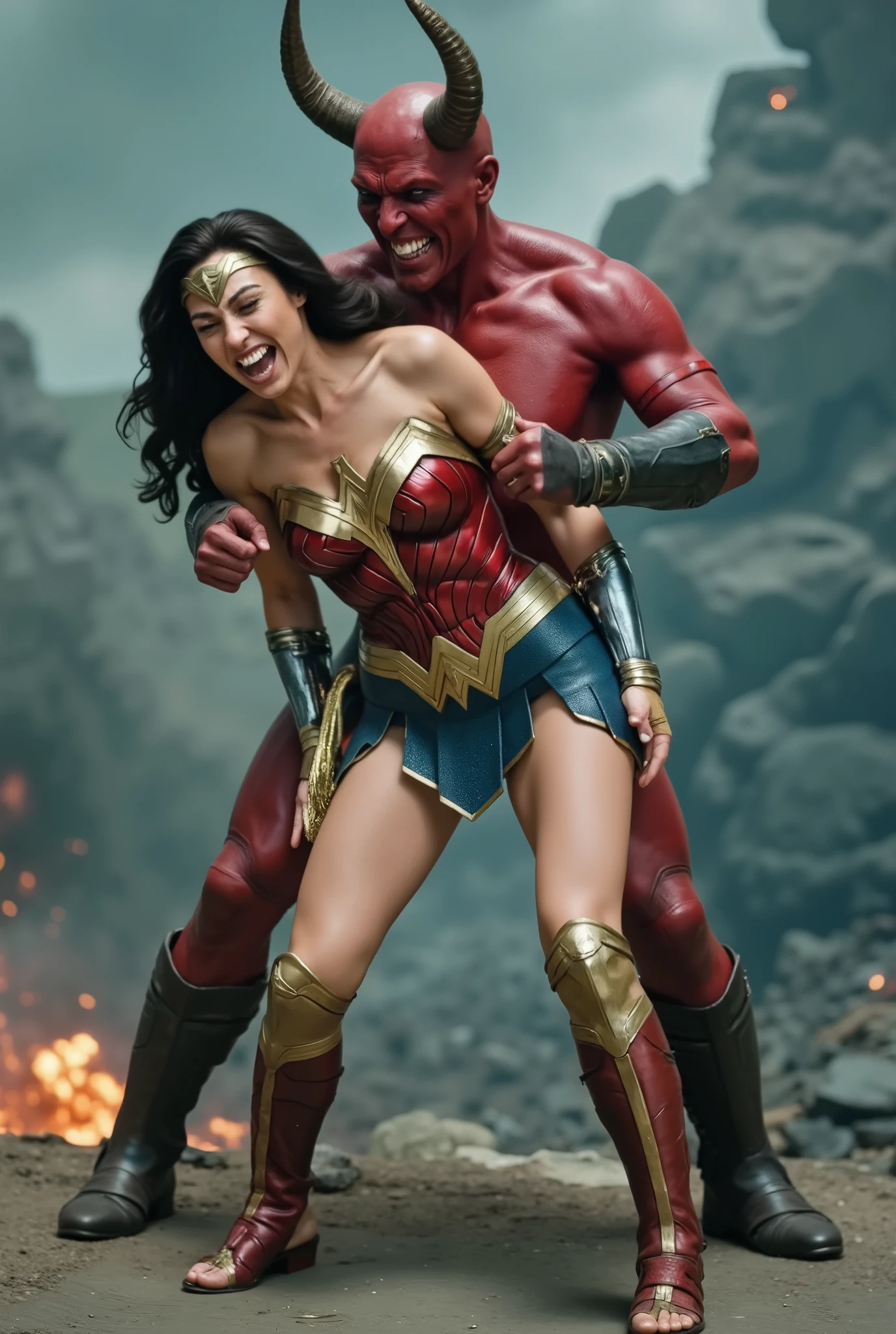 Gal Gadot as Wonder woman, she is bend over, (upskirt), she's crying, she's screaming in pain, a strong devil is doing sexual intercourse from behind, fierce devil push his penis into her skirt and fucking harder and harder, volcano scene,
