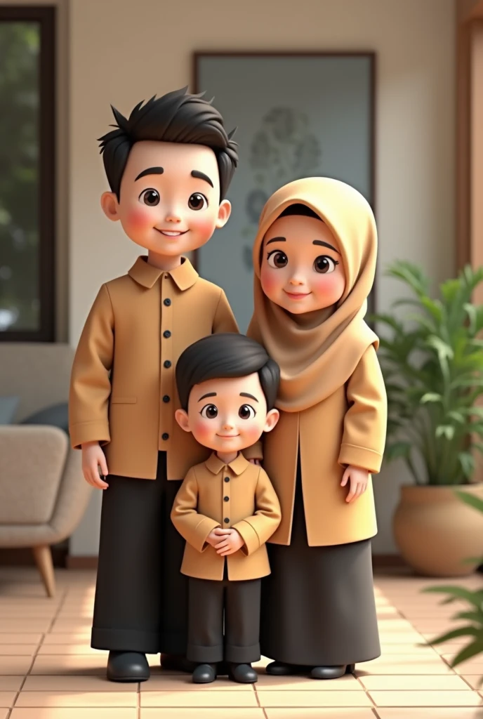 Muslim malay family, husband and wife with 3 sons and 2 daughters. Realistic image