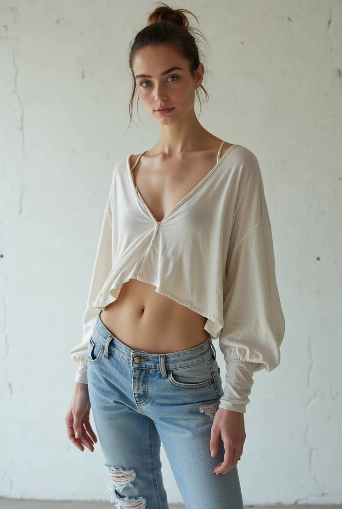 (Best quality, 8k, 32k, Masterpiece, UHD:1.2), Photo of cute tall Italian woman, blond, big breasts, very short hair, necklace, simple background, very short green shorts, white sheer deep neck shirt