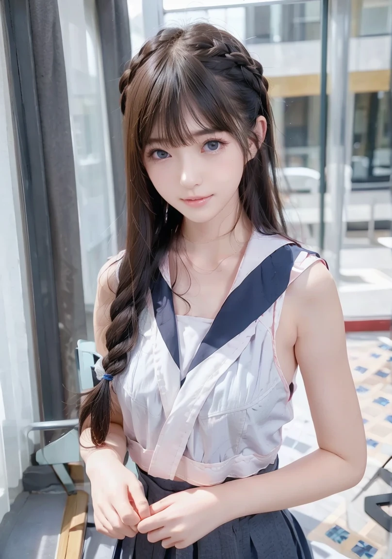 ((SFW: 1.4)), ((A rooftop with a fantastic sunset view)), ((Detailed eyes and face, Professional photography)), ((SFW, Magical Girl Cosplay:1.3, middle School girls)), Ultra-high resolution, (Realistic: 1.4), RAW Photos, highest quality, (PhotoRealistic Stick), concentrated, Soft Light, ((, Baby Face)), ((Japanese)), (((Young Face))), (surface), (Depth of written boundary), masterpiece, (Realistic), ((Sexy thighs visible)), woman, (Small breasts:1.3, Cleavage), ((Straight Hair, Hair behind the shoulders)), ((1 girl)), ((Gaze at the viewer:1.35, blush:1.2)), A cheerful smile