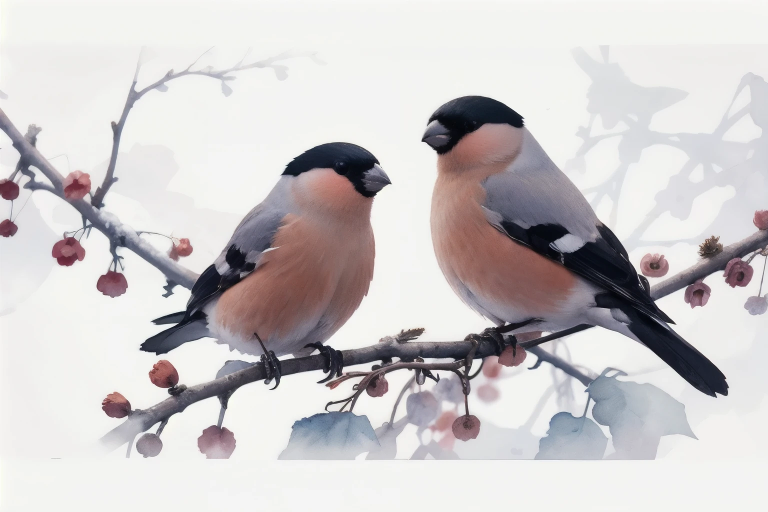(masterpiece, best quality, official art, watercolor sketch), 2 bullfinches on the branches in winter garden, 1 male bullfinch, 1 female bullfinch,
