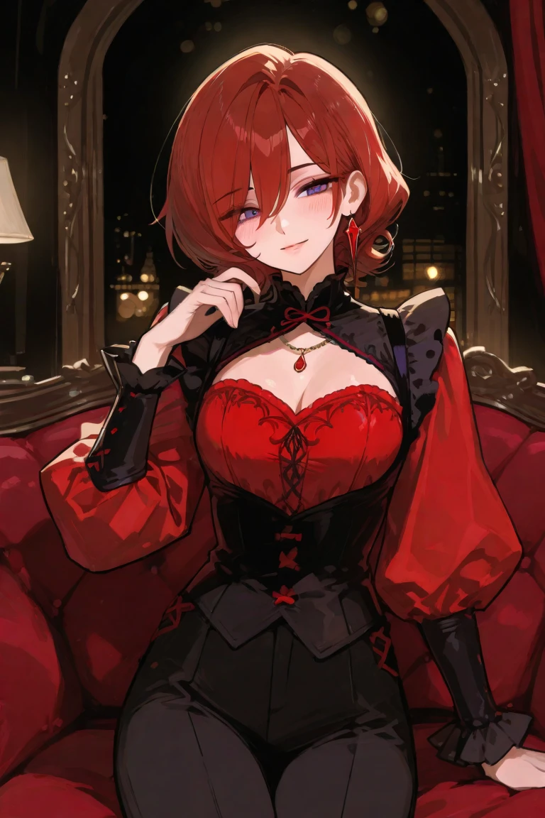 ​masterpiece, top-quality, ((1womanl)), different red color, finely eye and detailed face, intricate detailes, Casual black and red attire, window, A smile, Happiness, tenderness, high-level image quality、selfee, Beautuful Women、tall、a small face, D-cups, The upper part of the body、nightfall, nighttime scene、𝓡𝓸𝓶𝓪𝓷𝓽𝓲𝓬、Korea person, Idol Photos, Model photo, k pop, Professional Photos, Vampires, Korean fashion in black and red, Fedoman with necklace, inspired by Sim Sa-jeong, androgynous vampire, :9 detailed face: 8, extra detailed face, detailed punk hair, ((eyes are deialed)) baggy eyes, Seductive. Highly detailed, semi realistic anime, Vampires, hyperrealistic teen, Delicate androgynous princess, imvu, ((short hair woman)), red hair woman with wild look, ((Woman with short red hair)), ((1 persons)), sitting,