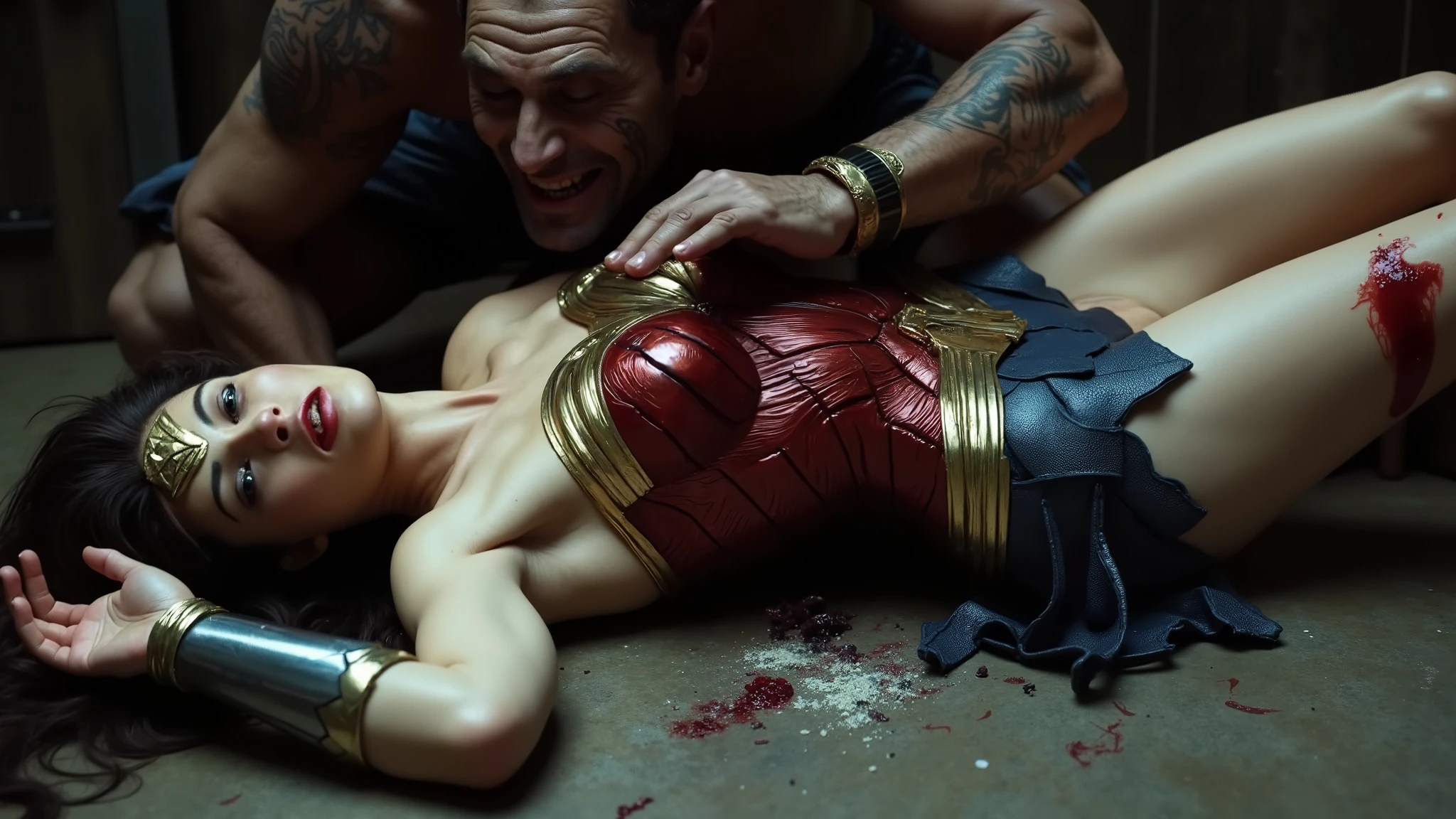 Wonder woman is lying down, bad injury, a monster is bending over her body, he strangle her with right hand, a monster left hand touch her leg,