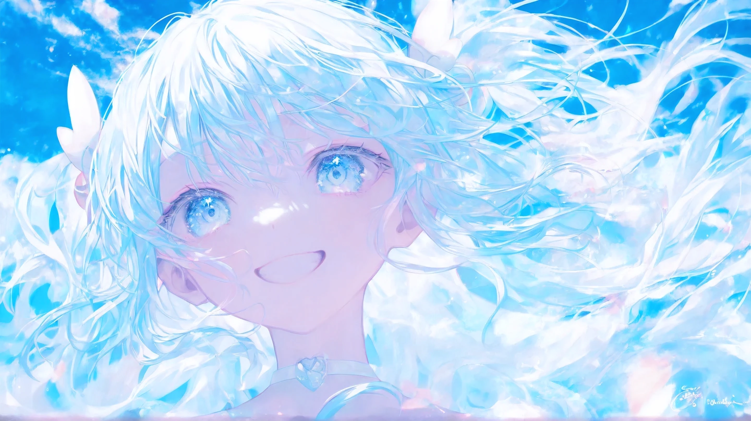 Soft Line, alone,top quality, beautiful, light blue abbasa dress, girl, a puppy, solo, girl1人, happy,is standing, watch viewers, look to the side, semi-long, light blue hair tied at the top, light blue eyes, Eyes Open, pale skin, , , age , colorful,close, calm colors ,score_9,score_8_up,score_7_up,expressive H ,rating_safe,(masterpiece, top quality), happy/joy, bright eyes , , so cute、A girl who looks doted on、The cuteness that makes you fall in love at first sight 、 Alice in Wonderland 、