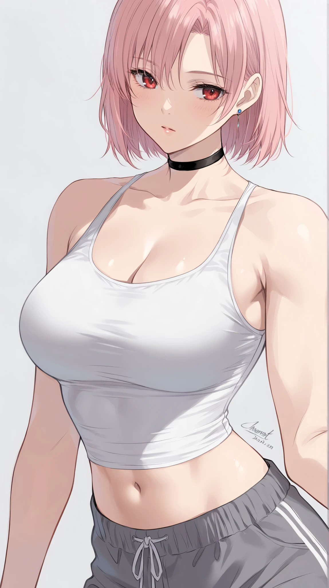 masterpiece, best quality, amazing quality, newest, very aesthetic, 1girl,Image is a digital anime-style illustration featuring a female character with long, straight pink hair and striking red eyes. Her expression is neutral, and she has a fair skin tone. She is wearing a white cropped tank top that reveals her midriff and gray sweatpants. The character's physique is athletic, with defined abdominal muscles. A black choker adorns her neck, adding a subtle accessory to her outfit. The background is plain white, emphasizing the character as the central focus. The overall color palette is soft, with pastel tones dominating the image. In the bottom right corner, there is a small, stylized signature in white, indicating the artist's mark.