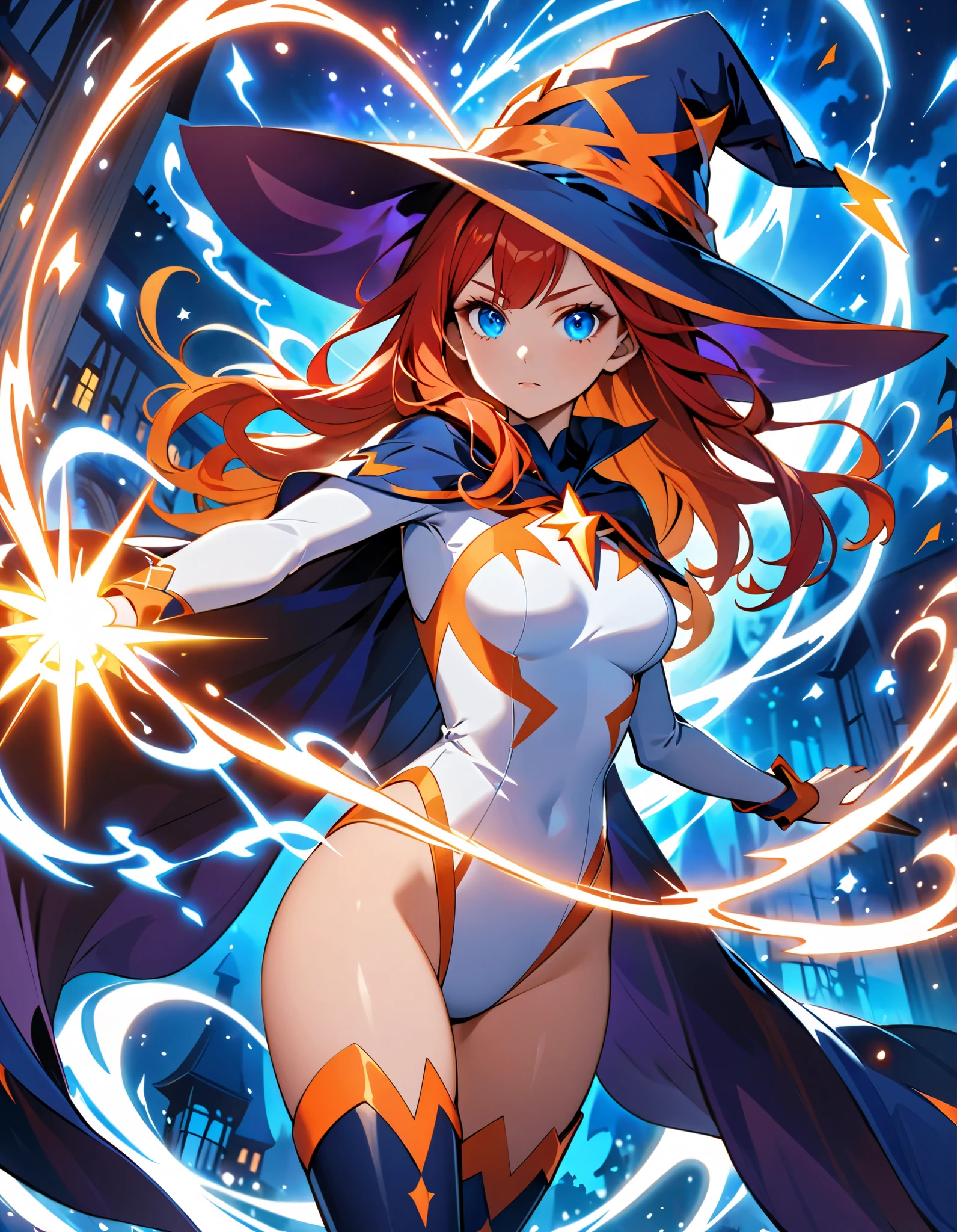 1girl, solo, masterpiece, best quality, black leotard, long sleeves, pirate costume, (pirate hat, pirate boots), body infused with electricity, lighting, particles, redhead, green eyes, blue aura, energy field, full body shot, depth of field, looking at viewer, spread arms, bare legs, medium breasts, bob hair, perfect anatomy, perfect hands, tall body, belt