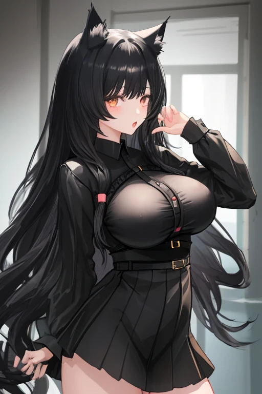 masterpiece、Highest quality、Best image quality、High resolution、Big Breasts、Black Hair、Red Eyes、Twin tails、Black Uniform、Unbranded uniform
