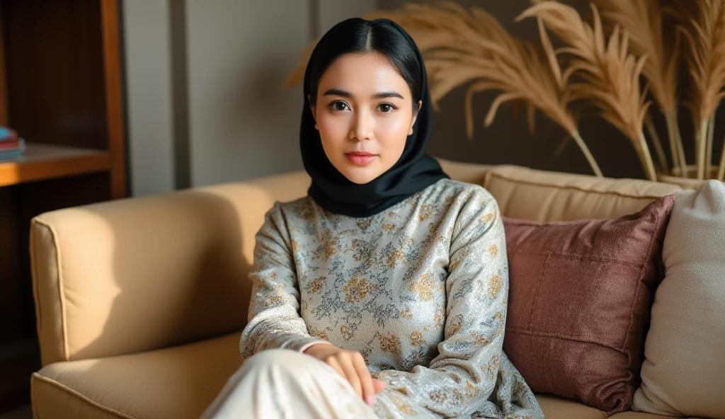 indonensian gir wear hijab, look at the viewer, realistic photograpy, sit on sofa in the decorative indoor studio, cinematic, hyper realistic, super detail, HD 8K.